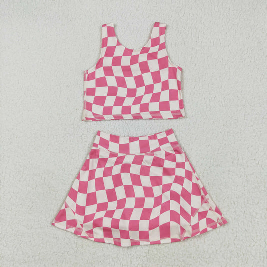RTS NO MOQ GSD2329 Beige plaid irregular vest skirt yoga set