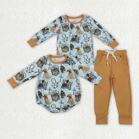 RTS NO MOQ Sibling Baby Boys clothes duck puppy long sleeve pants sets and rompers