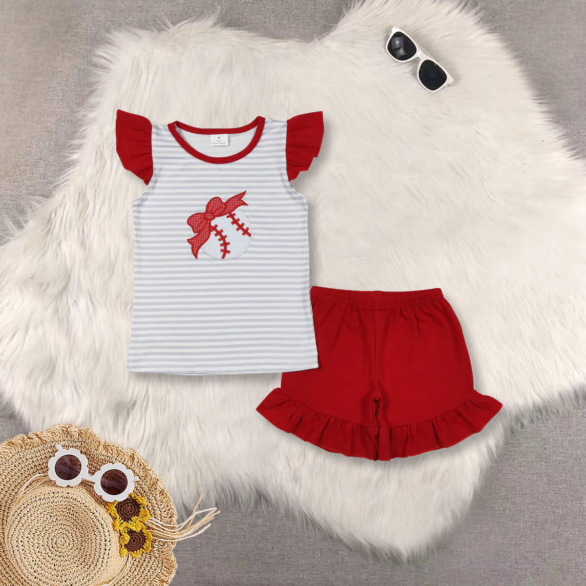 RTS NO MOQ Girls clothes embroidery baseball short sleeve Clothes Sets romper