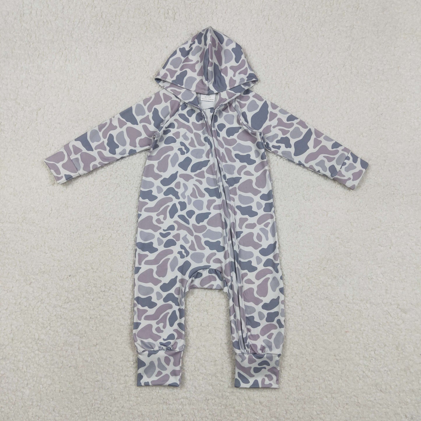 RTS NO MOQ（In Stock ) Gray-Blue Camouflage Hooded Zipper Long-Sleeve Bodysuit