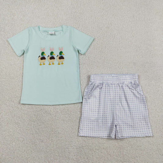 RTS NO MOQ（In Stock) BSSO1719 Embroidered Rabbit Ears and Duck Blue-Green Short-Sleeve Plaid Shorts Set