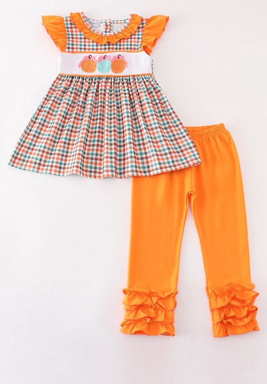 Custom moq 5 each style eta 6-7weeks baby girl clothes pumpkin orange short sleeve pants sets-25.7.25