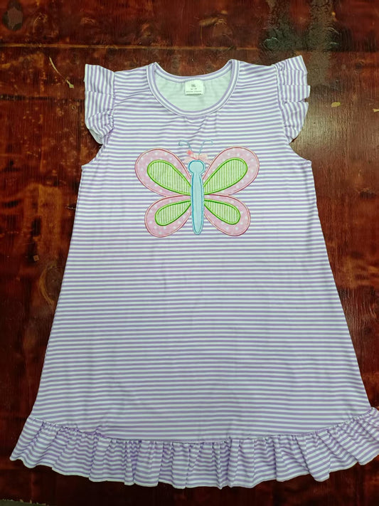 Custom moq 3 eta 6-7weeks baby girl clothes butterfly striped purple flying sleeve dress-25.5.9