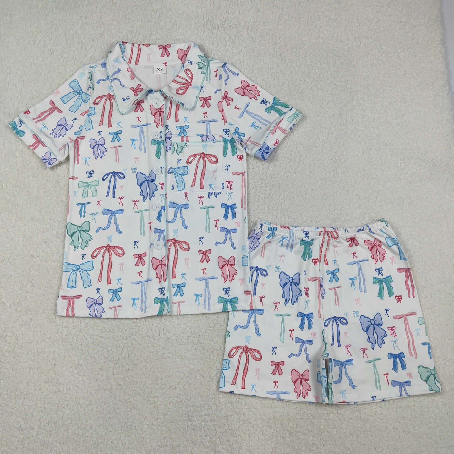 RTS NO MOQ（In Stock) GSSO2216 Adult Women's Colorful Bow Pattern White Short-Sleeve Shorts Pajama Set