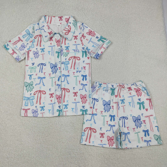 RTS NO MOQ（In Stock) GSSO2216 Adult Women's Colorful Bow Pattern White Short-Sleeve Shorts Pajama Set