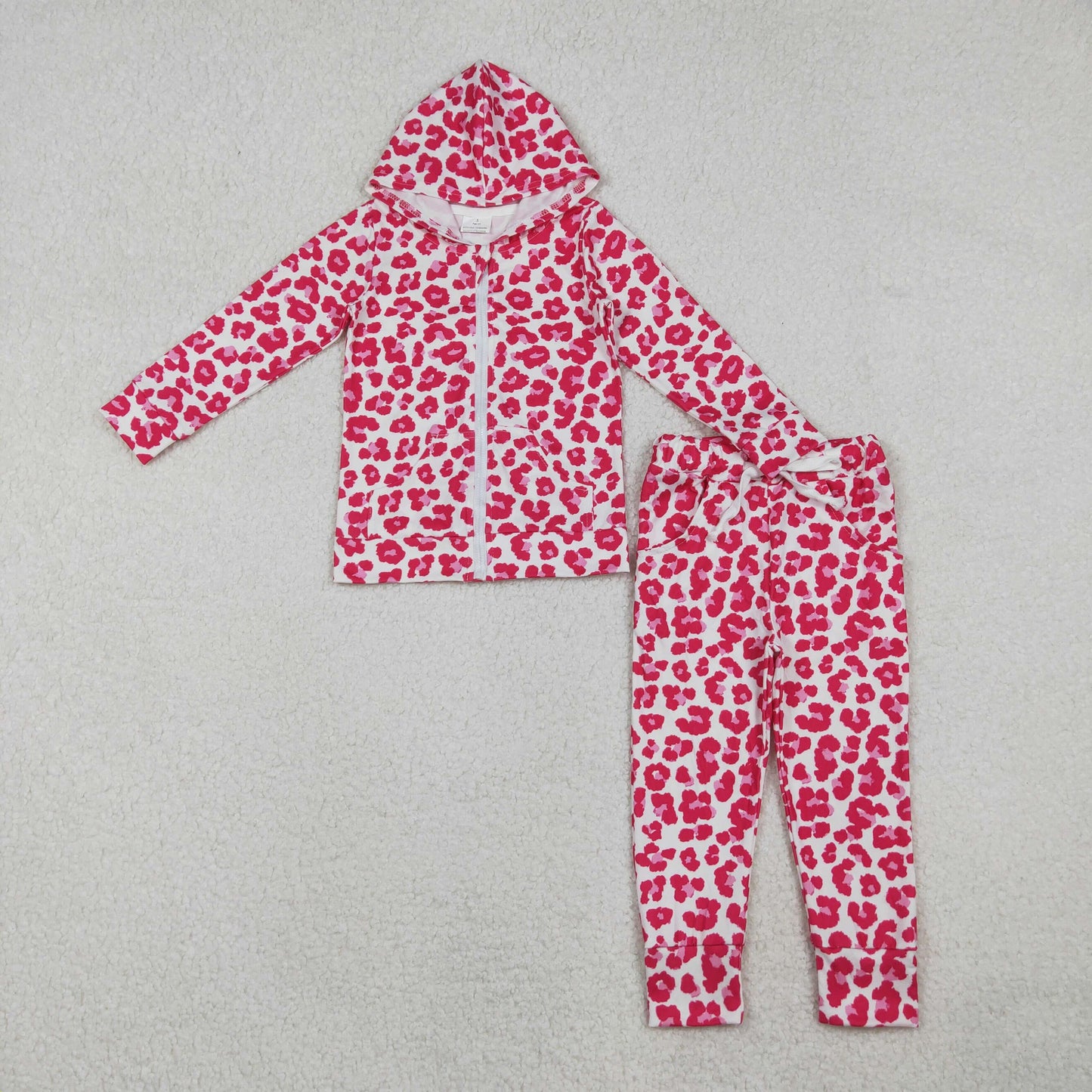 12/18m-7/8t RTS NO MOQ（In Stock) GLP2790 Rose red leopard print zip-up hooded long-sleeved pant set