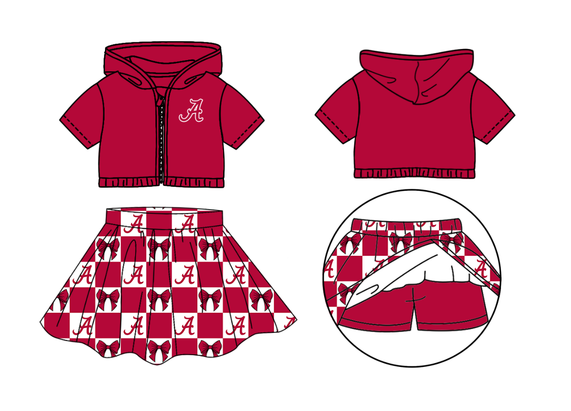 Custom moq 3 or 5 mix size milk silk summer teams baby girl clothes bow red zipper hooded short sleeve shorts skirts sets