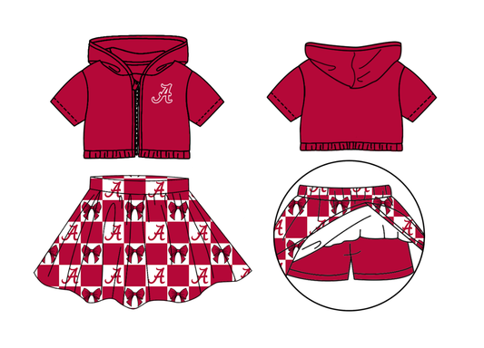 Custom moq 3 or 5 mix size milk silk summer teams baby girl clothes bow red zipper hooded short sleeve shorts skirts sets
