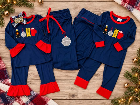 RTS NO MOQ Sibling milk silk Baby Baby Girls And Boys Navy Christmas Long Sleeve Pajama Set
