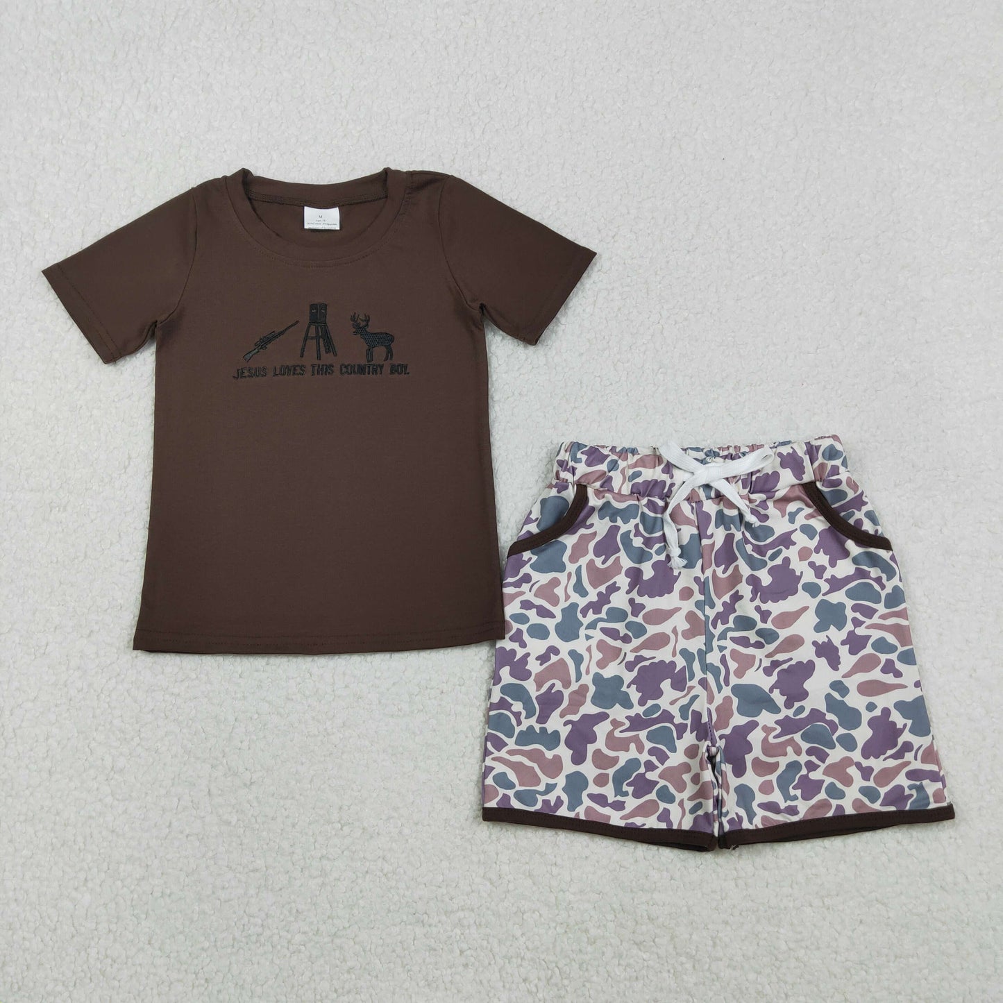RTS NO MOQ（In Stock) BSSO1562 Jesus Loves This Country Boy Embroidered Letter Shotgun Reindeer Brown Short-Sleeve Camouflage Shorts Set