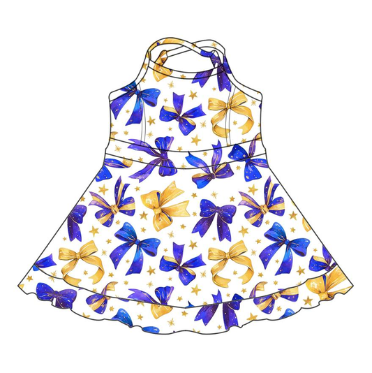 Custom moq 5 mix size milk silk summer teams baby girls clothes bow blue sleeveless dress-25.8.1