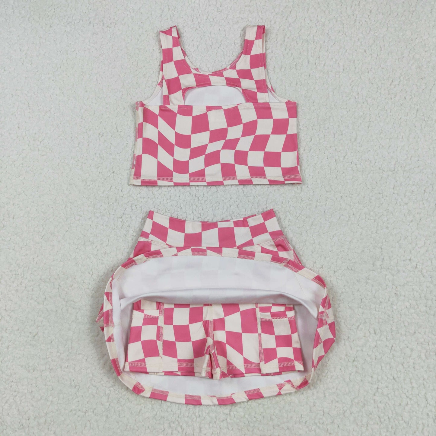 RTS NO MOQ GSD2329 Beige plaid irregular vest skirt yoga set