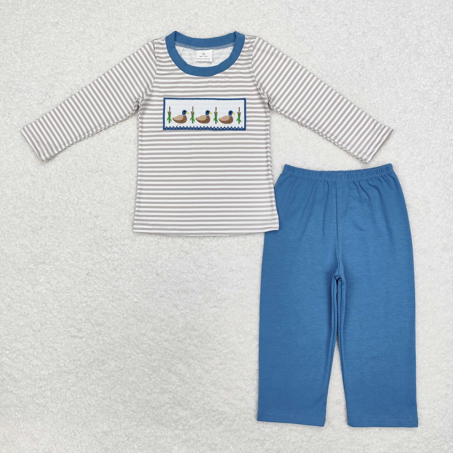 RTS NO MOQ（In Stock) Embroidered duck stripe long sleeve blue trouser suit