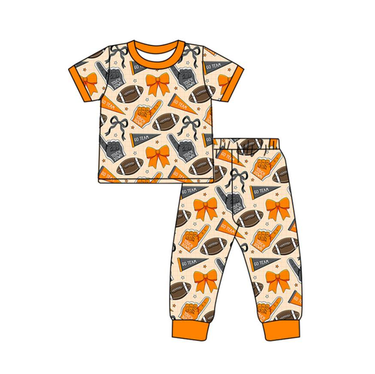Custom moq 5 mix size milk silk summer teams baby boy clothes bow orange short sleeve pants sets-25.7.23