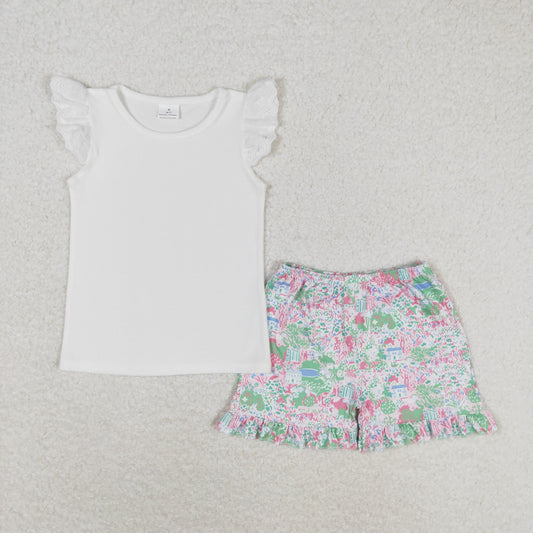 rts no moq GSSO0888 Solid white flying sleeves floral green shorts suit