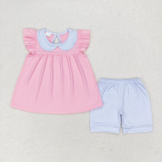 rts no moq GSSO1064 Blue striped doll collar pink flying sleeve shorts set
