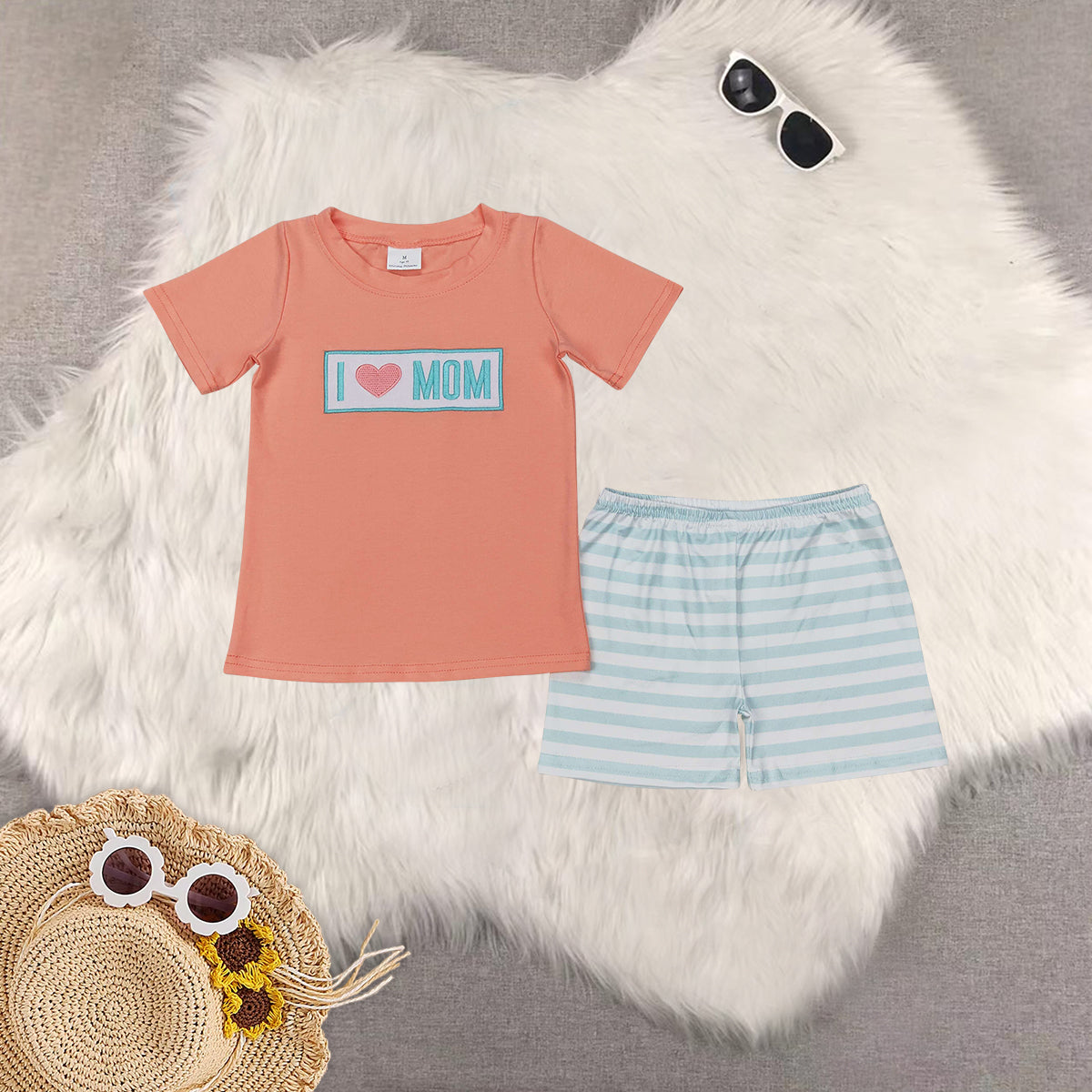 RTS NO MOQ baby girls clothes embroidery i love mom short sleeve Rompers Clothes Sets