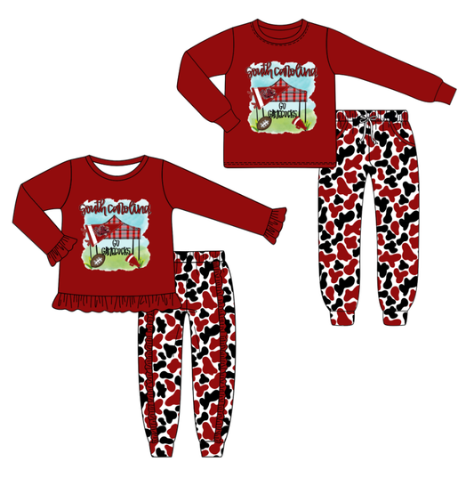Custom moq 5 mix size milk silk summer teams baby girl clothes brick red long sleeve pants sets 2-25.8.6