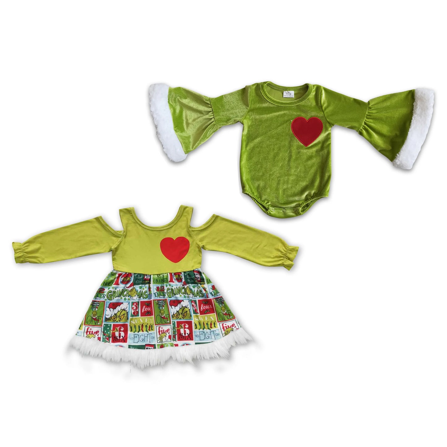 RTS NO MOQ 6A4-4 GLD0247 Valentine's Day embroidered heart pattern plush edge green romper & dress