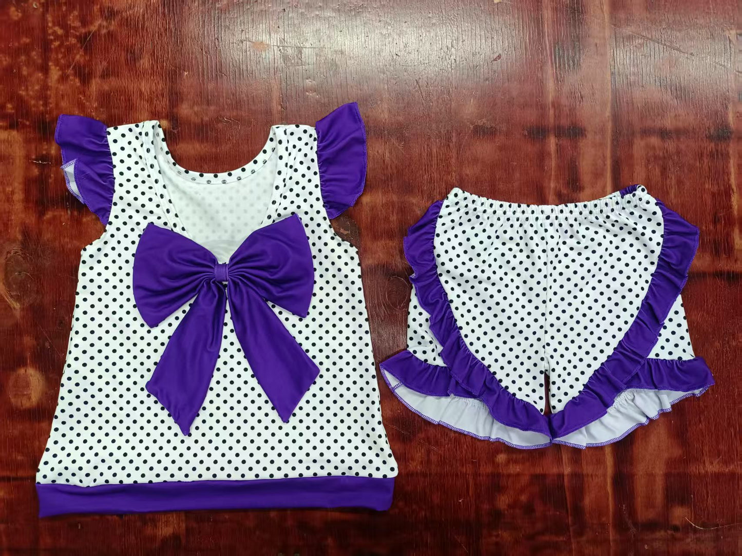 Custom moq 3 eta 6-7weeks baby girls clothes team purple flying sleeve shorts sets-25.5.9