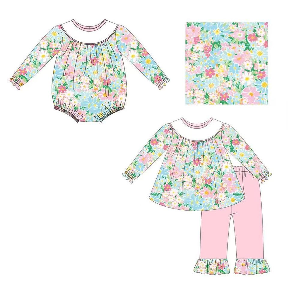Custom moq 5 each style eta 6-7weeks baby girlclothes floral long sleeve pant sets and romper-25.8.4
