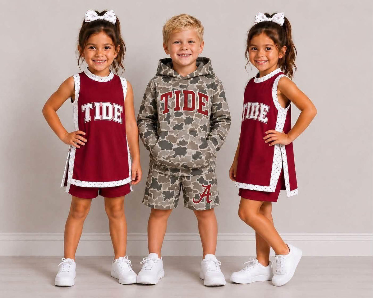custom moq 5 mix size TLDS0105 Baby Kids Red Letter Print Boys Camo Hoodie Shorts Set Girls Separate Shorts Sleeveless Split Tunic Short Team Sets