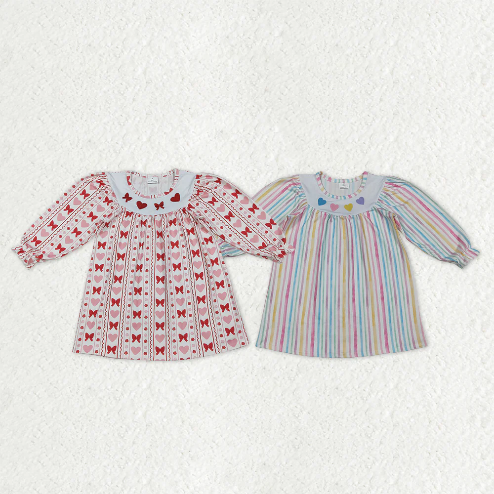 RTS NO MOQ Sibling Baby girls clothes Embroidery valentine love long-sleeved dresses