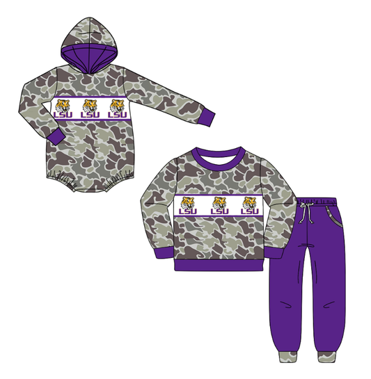 Custom moq 5 mix size milk silk summer teams baby boys clothes camouflage purple hooded long sleeve pants sets and romper-25.10.20