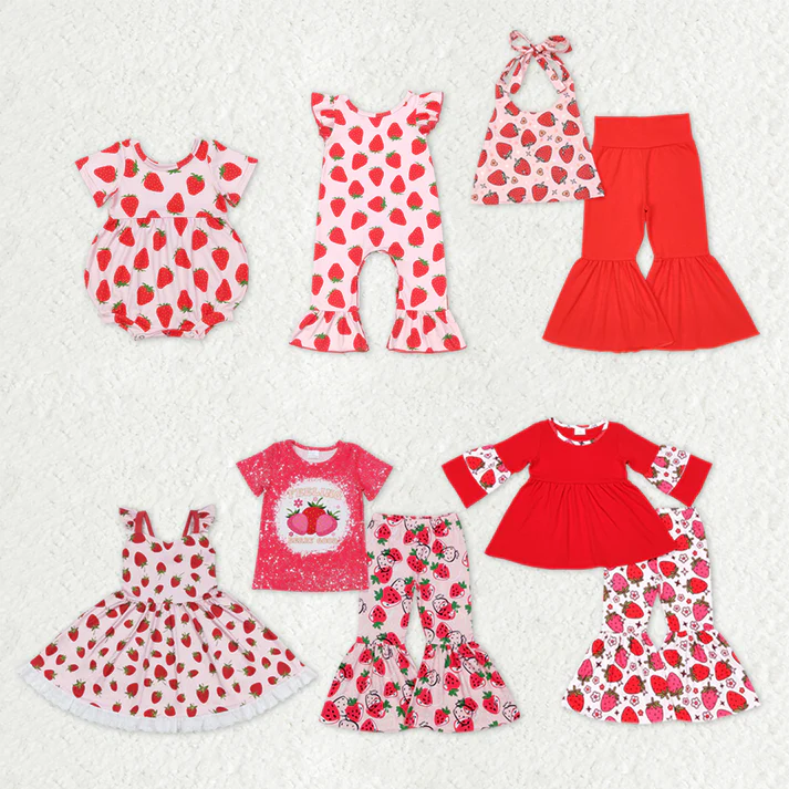 RTS Sibling baby girls clothes Strawberry short Sleeve pants set and dress and rompers