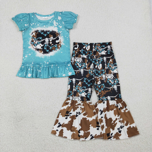 RTS NO MOQ（In Stock) GSPO2116 Alpine Bull Head Emerald Ink Painting Short-Sleeve Pants Set