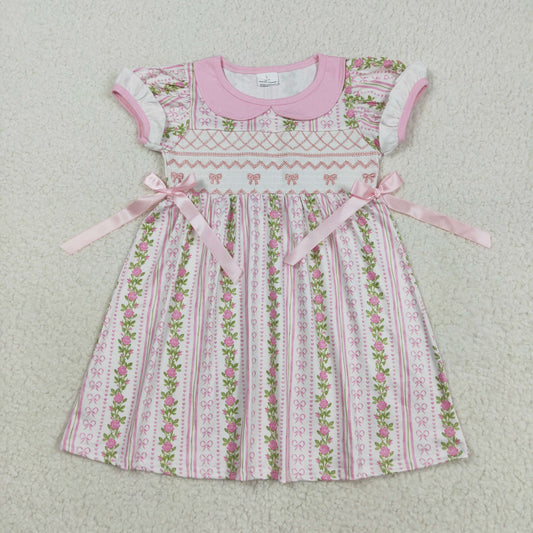 RTS NO MOQ（In Stock）GSD2717 Embroidered pink baby doll collar short-sleeved dress with a bow pattern and floral pattern