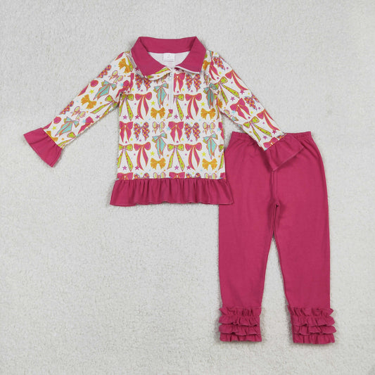 RTS NO MOQ（In Stock) GLP2616 Bow Pattern Star Rose Red Lace Zipper Long Sleeve Pants Set