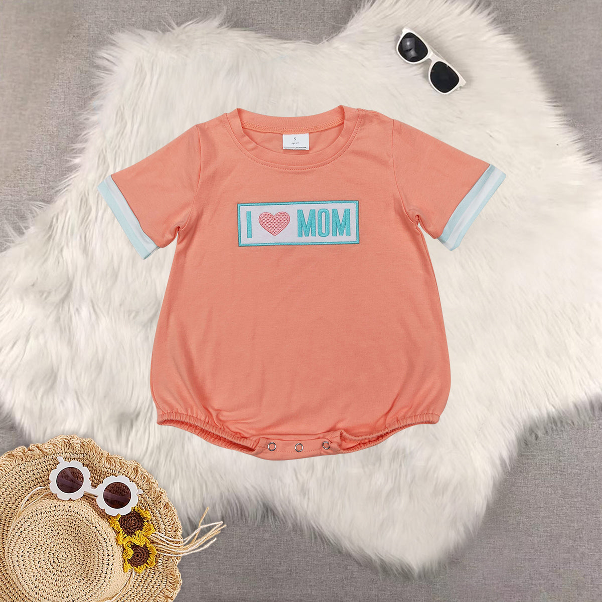 RTS NO MOQ baby girls clothes embroidery i love mom short sleeve Rompers Clothes Sets