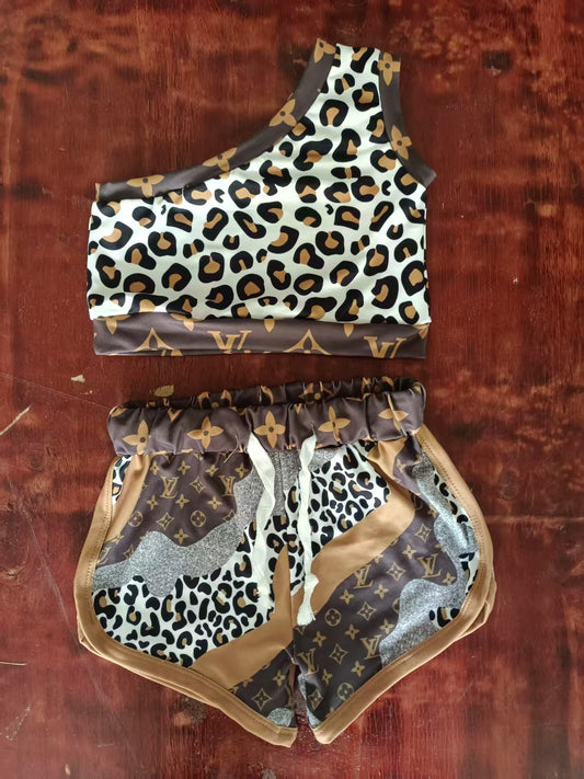 Custom moq 3 eta 6-7weeks baby girls clothes leopard sleeveless shorts sets