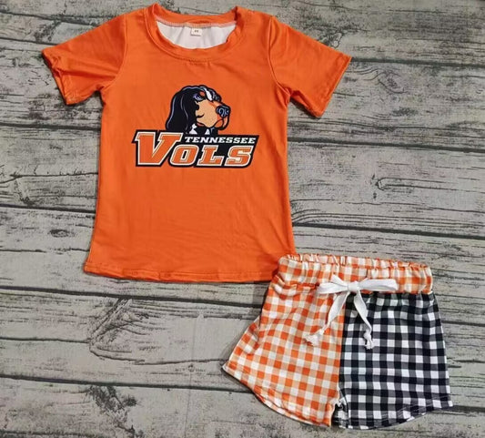 custom moq 3 eta 6-7weeks Orange-red puppy pattern short-sleeved shirt-black and white & orange-white plaid yin-yang shorts set