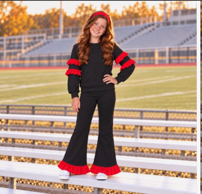 custom moq 5 mix size Baby Girls Black Red Double Ruffle Long Sleeve Top And Flare Pant Outfit Set