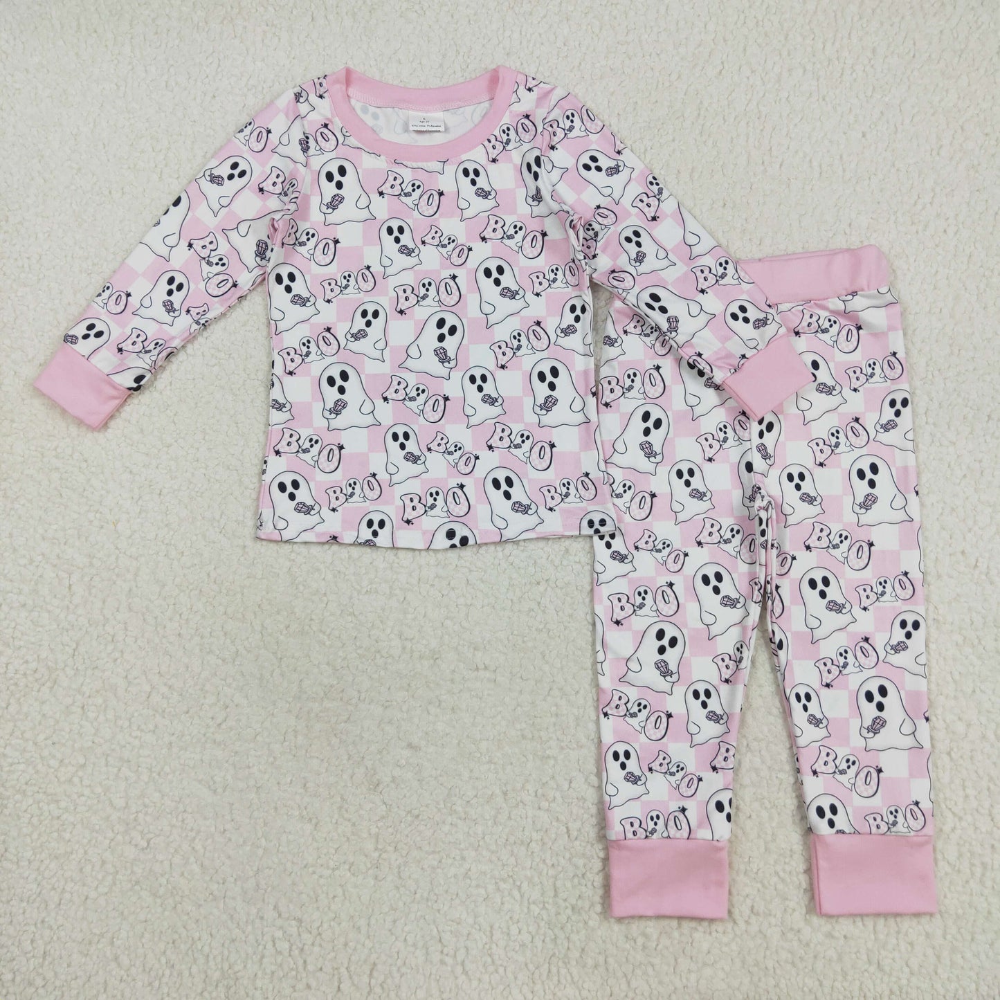 RTS NO MOQ（In Stock) GLP2433 boo Ghost Pink and White Plaid Long-Sleeved Pants Pajama Set