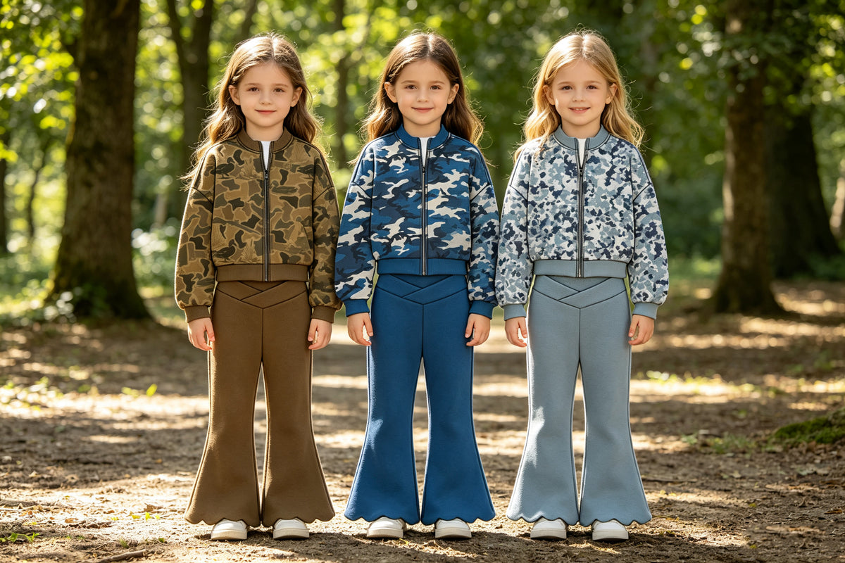 (Preorder new) No moq Yoga Baby Girls Camo Zip Jacket Scallop Bell Bottom Pant Yoga Active Clothes Set Casual Outfit