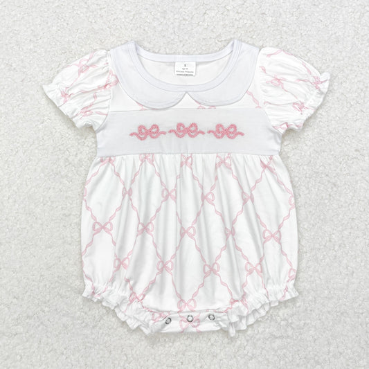 RTS NO MOQ ETA 5/7days arrived SR1967 Embroidered pink bow pattern short sleeve jumpsuit with doll collar