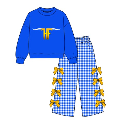 custom moq 5 mix size BM0101 Baby Girls Long Sleeve Top And Checkerboard Bow Wide Leg Pants Team Set