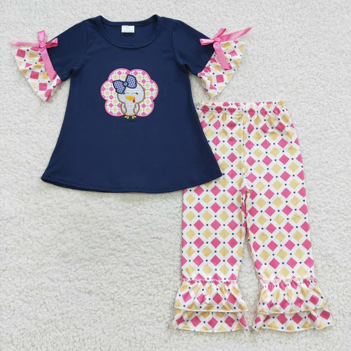 RTS NO MOQ Sibling Baby girl clothes embroidery turkey short-sleeved trousers suit & rompers