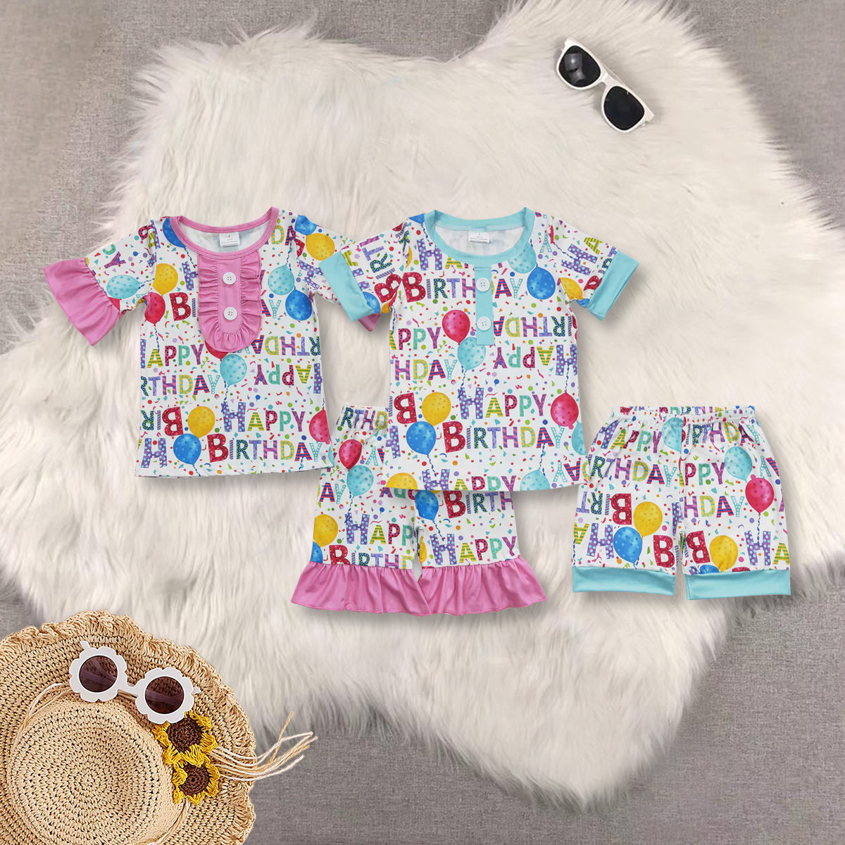 RTS NO MOQ baby boys girls Clothes birthday short sleeve shorts Sets