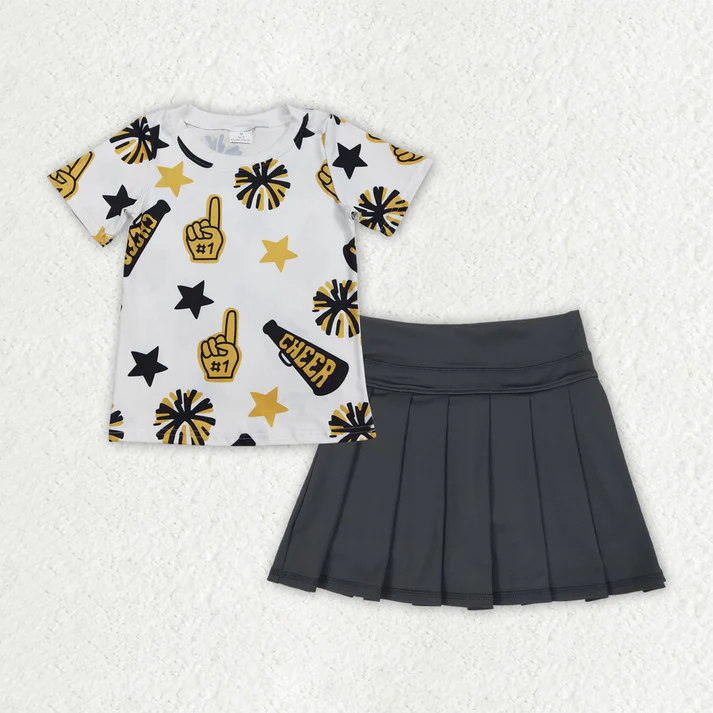 RTS NO MOQ Sibling baby girls clothes cheer short sleeve short skirts sets and Top and yoga skirts