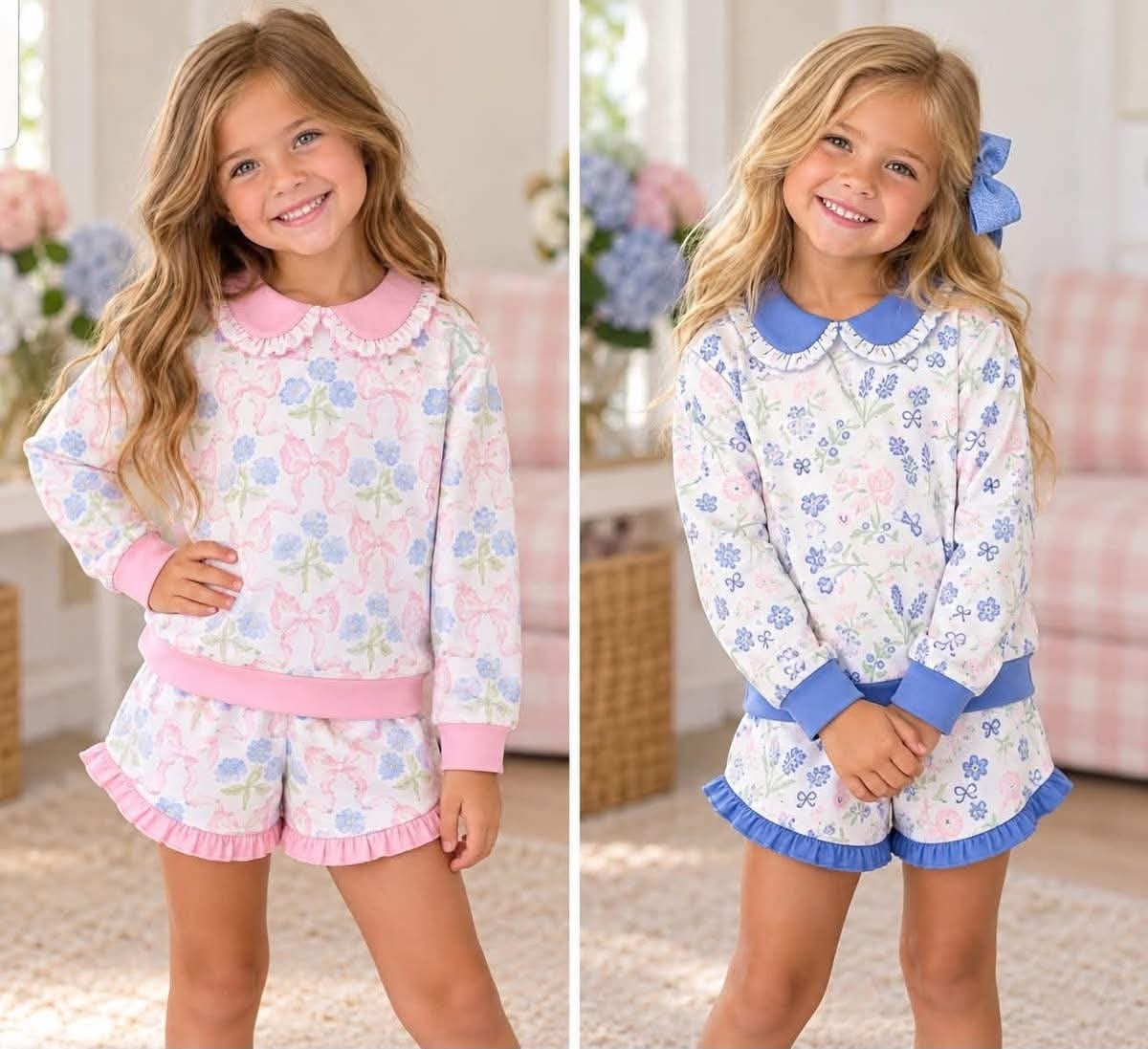 custom moq 5 mix size KLLSH01 Baby Girls Floral Bow Print Peter Pan Collar Long Sleeve Top And Ruffle Shorts Set