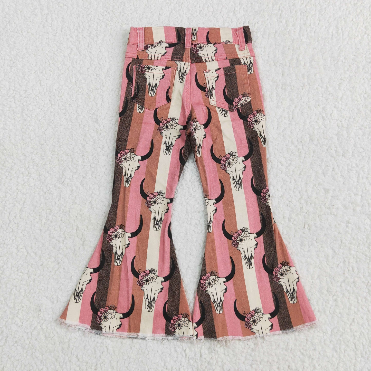 rts no moq P0437 Flower alpine bull head pink and orange striped denim pants
