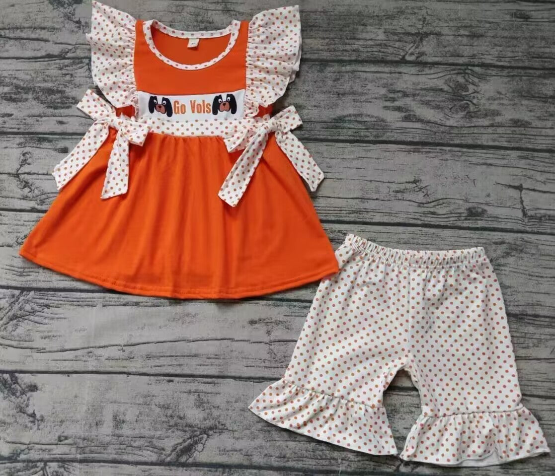 custom moq 3 eta 6-7weeks Orange Polka Dot Bowknot Flying Sleeves Orange Red Top and Shorts Set