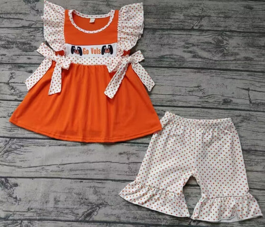 custom moq 3 eta 6-7weeks Orange Polka Dot Bowknot Flying Sleeves Orange Red Top and Shorts Set