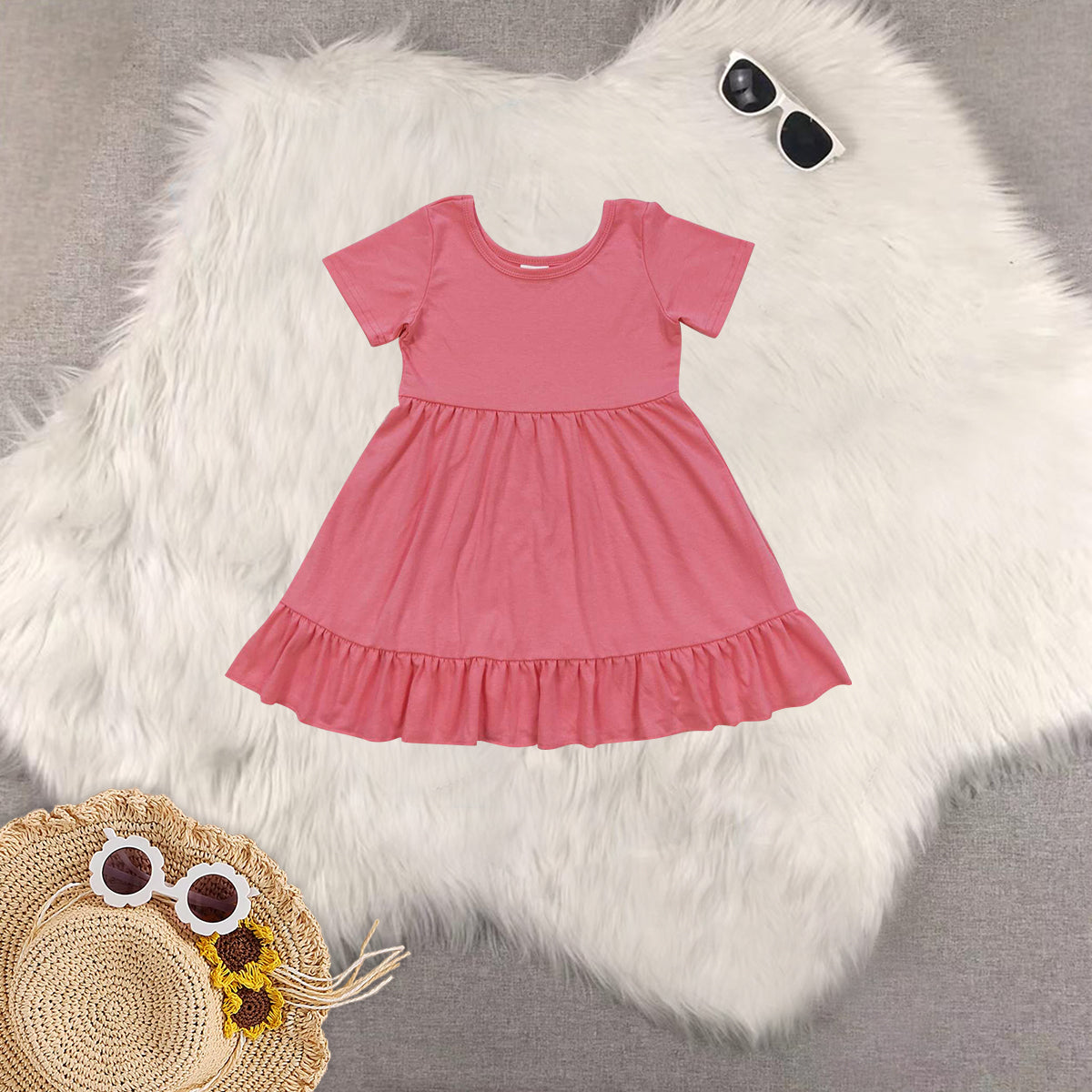 RTS baby girls clothes solid color short Sleeve dress