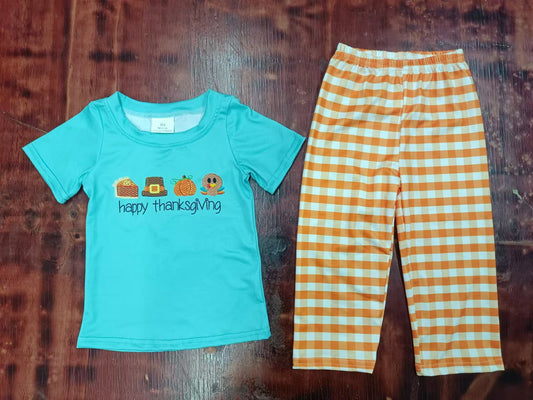 Custom moq 3 eta 6-7weeks  Lake Blue Embroidered Pattern Regular Short Sleeve Top - Orange Plaid Trousers Set