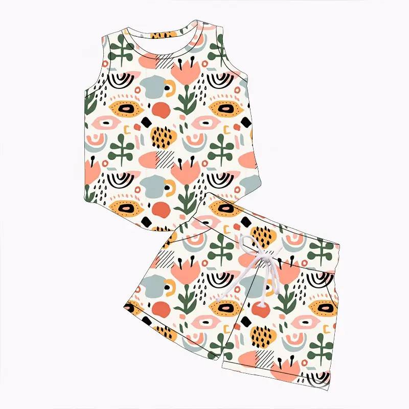 Custom summer baby girls and boy clothes sleevekess shorts set